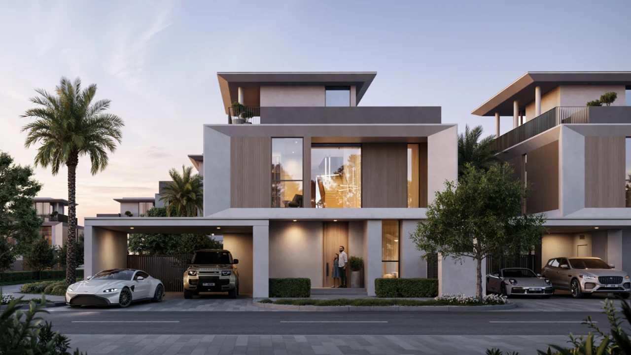 Selvara 3 at Grand Polo Club & Resort by Emaar Properties contemporary luxury villa front elevation with landscaped surroundings and private parking in Dubai Presented by Tohid Fetrat