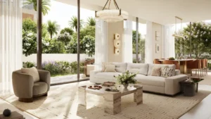 Selvara 3 at Grand Polo Club & Resort by Emaar Properties contemporary luxury villa living room with floor to ceiling windows and garden views in Dubai Presented by Tohid Fetrat
