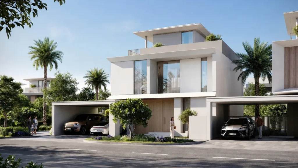 Selvara 3 at Grand Polo Club & Resort by Emaar Properties contemporary luxury villa street view with landscaped gardens and covered parking in Dubai Presented by Tohid Fetrat