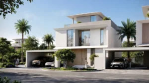 Selvara 3 at Grand Polo Club & Resort by Emaar Properties contemporary luxury villa street view with landscaped gardens and covered parking in Dubai Presented by Tohid Fetrat