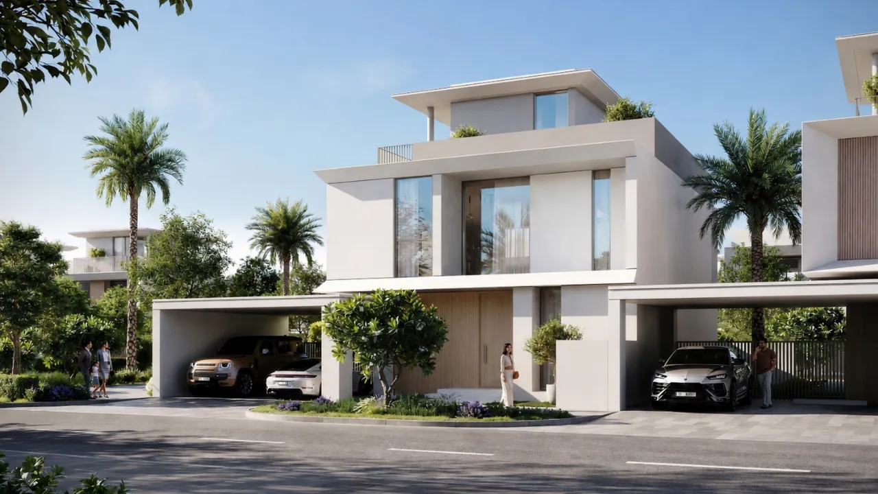 Selvara 3 at Grand Polo Club & Resort by Emaar Properties contemporary luxury villa street view with landscaped gardens and covered parking in Dubai Presented by Tohid Fetrat