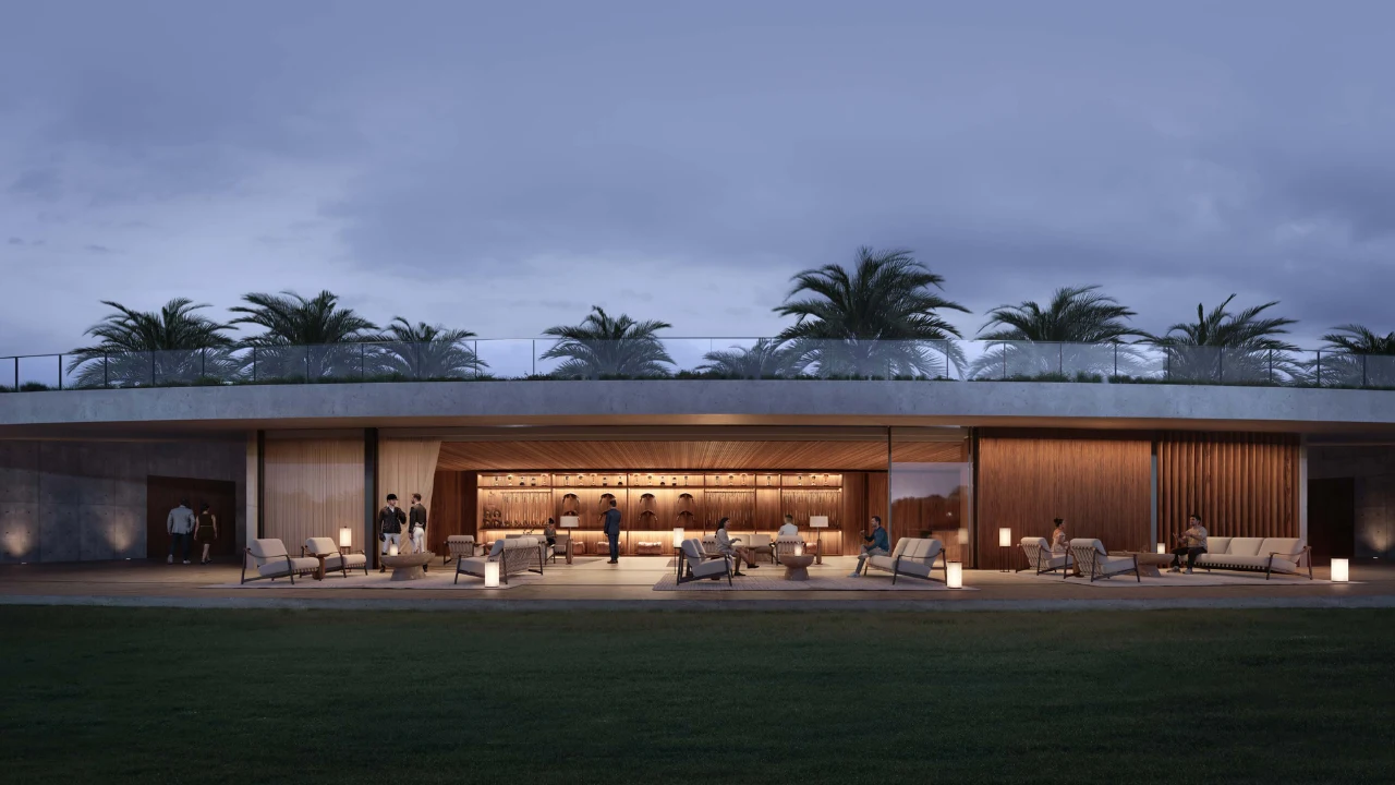 Selvara 4 at Grand Polo Club & Resort by Emaar Properties contemporary clubhouse with elegant lounge seating and open social spaces in Dubai. Presented by Tohid Fetrat