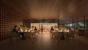 Selvara 4 at Grand Polo Club & Resort by Emaar Properties elegant clubhouse restaurant with contemporary dining spaces and illuminated bar in Dubai. Presented by Tohid Fetrat