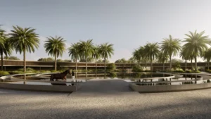 Selvara 4 at Grand Polo Club & Resort by Emaar Properties elegant equestrian water feature with reflective pools, palm lined landscape, and horse training area in Dubai. Presented by Tohid Fetrat