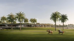 Selvara 4 at Grand Polo Club & Resort by Emaar Properties contemporary polo clubhouse overlooking expansive polo fields with palm lined landscapes in Dubai. Presented by Tohid Fetrat