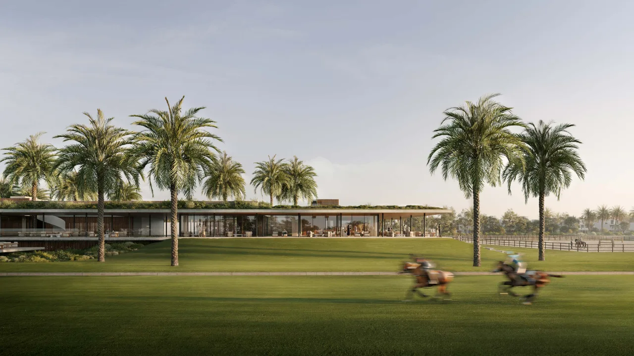 Selvara 4 at Grand Polo Club & Resort by Emaar Properties contemporary polo clubhouse overlooking expansive polo fields with palm lined landscapes in Dubai. Presented by Tohid Fetrat
