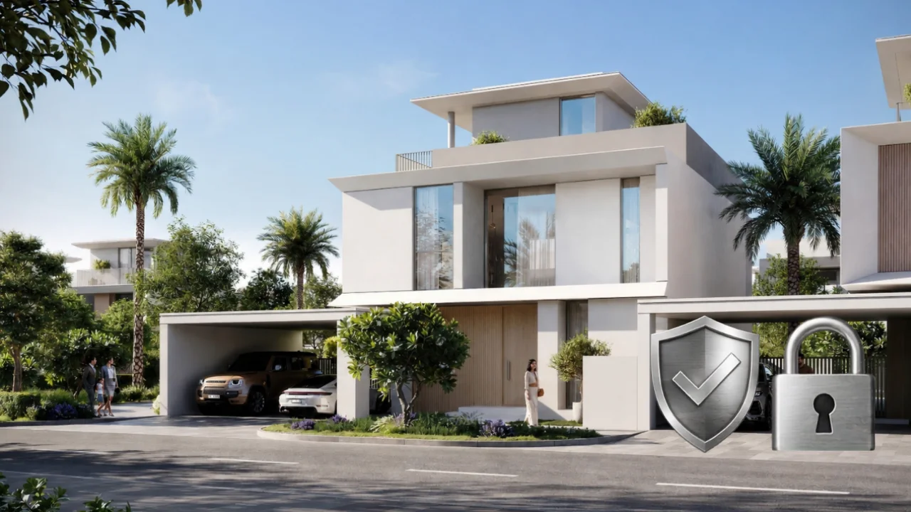 Selvara 4 at Grand Polo Club & Resort by Emaar Properties modern villa exterior with escrow account protection icons in Dubai. Presented by Tohid Fetrat