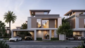 Selvara 4 at Grand Polo Club & Resort by Emaar Properties contemporary luxury villa exterior at sunset with illuminated interiors and covered parking in Dubai. Presented by Tohid Fetrat
