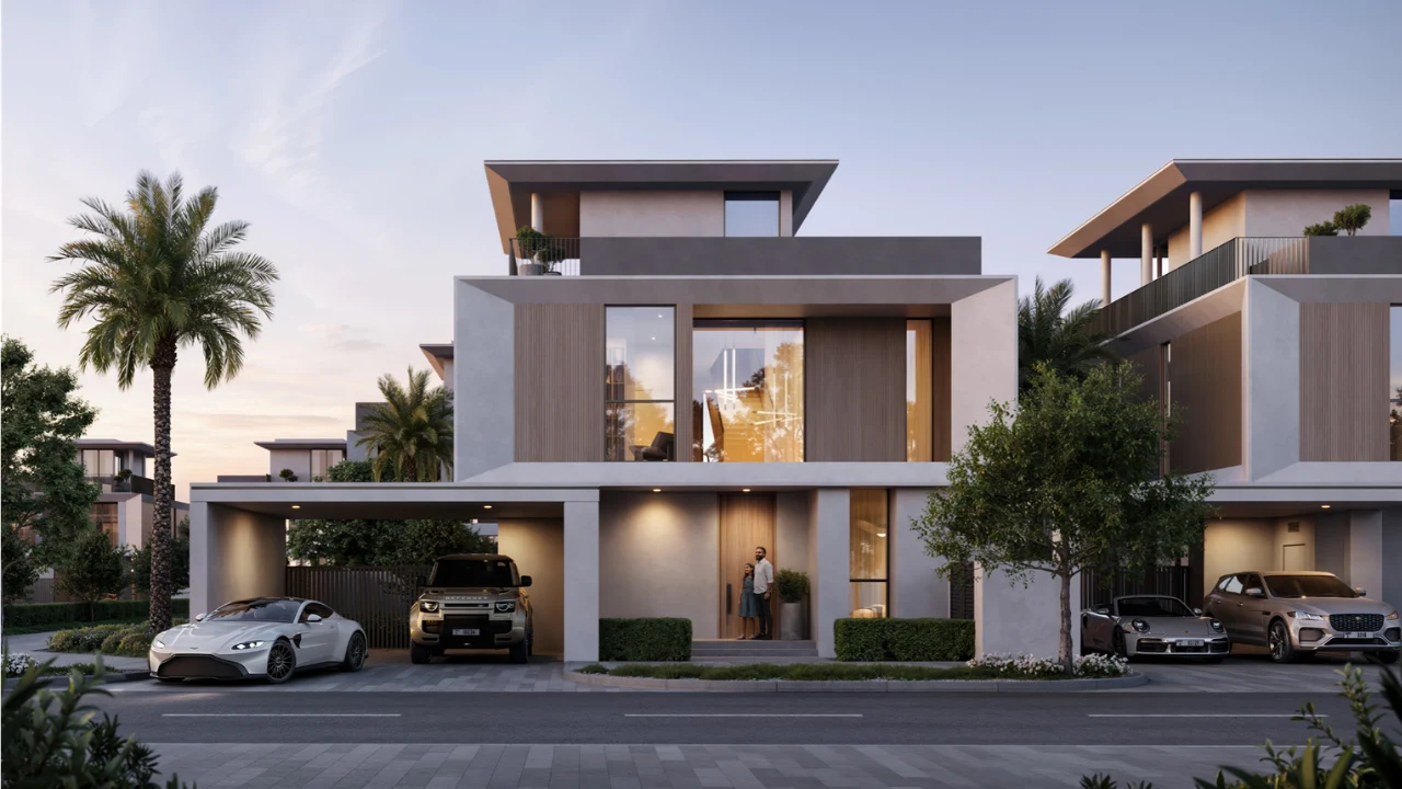 Selvara 4 at Grand Polo Club & Resort by Emaar Properties contemporary luxury villa exterior at sunset with illuminated interiors and covered parking in Dubai. Presented by Tohid Fetrat