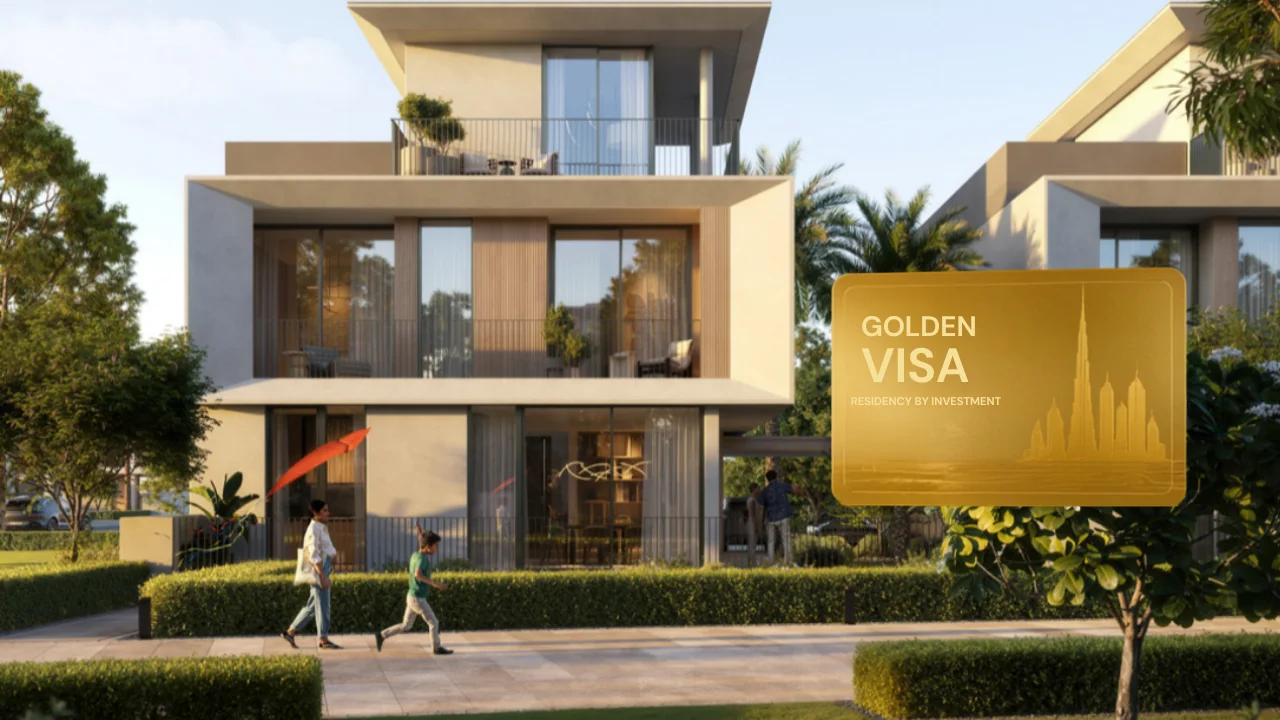 Selvara 4 at Grand Polo Club & Resort by Emaar Properties modern villa exterior with Golden Visa residency by investment card in Dubai. Presented by Tohid Fetrat