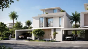 Selvara 4 at Grand Polo Club & Resort by Emaar Properties contemporary luxury villa with landscaped entrance and covered parking viewed from the street in Dubai. Presented by Tohid Fetrat