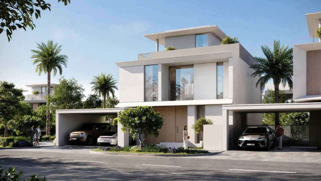 Selvara 4 at Grand Polo Club & Resort by Emaar Properties contemporary luxury villa with landscaped entrance and covered parking viewed from the street in Dubai. Presented by Tohid Fetrat