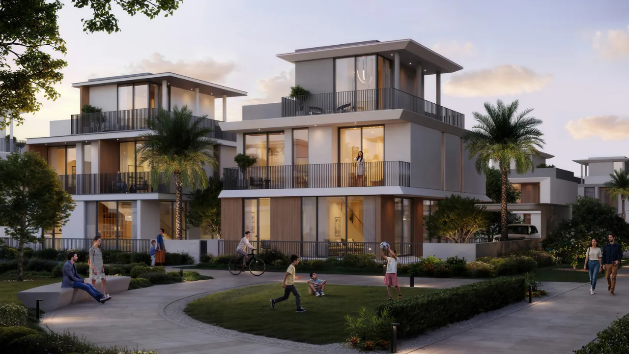 Selvara 4 at Grand Polo Club & Resort by Emaar Properties contemporary luxury villas overlooking a landscaped community park with walking paths and outdoor recreation in Dubai. Presented by Tohid Fetrat