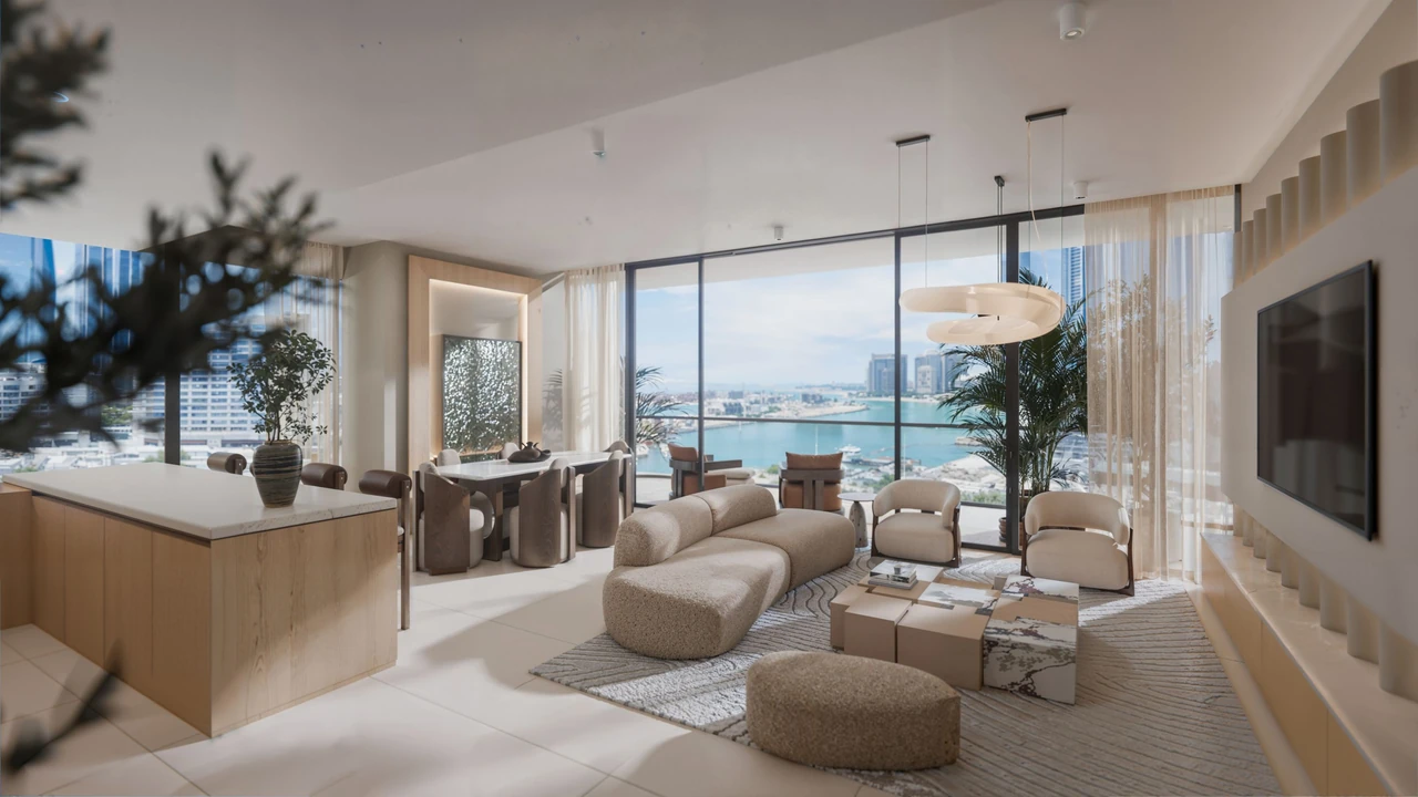 Talea by Beyond in Dubai Maritime City aerial view of the waterfront residential district and open sea in Dubai - Presented by Tohid Fetrat