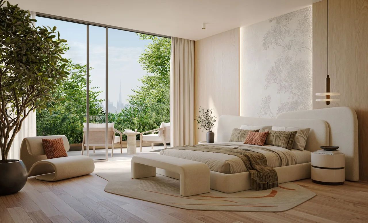 Talea by Beyond in Dubai Maritime City residence bedroom interior with soft lighting and sea view in Dubai - Presented by Tohid Fetrat
