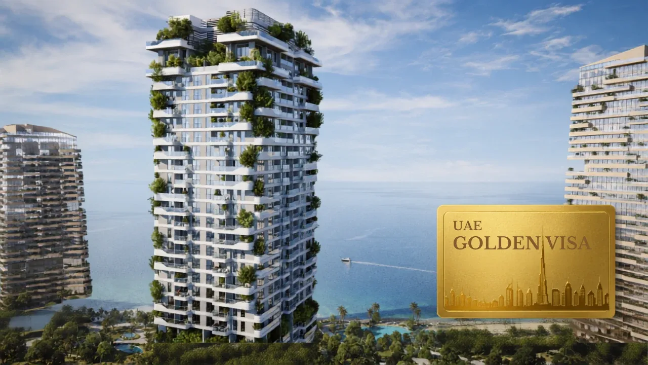 Talea by Beyond in Dubai Maritime City Golden Visa eligibility concept with waterfront residential tower and Golden Visa card in Dubai Presented by Tohid Fetrat
