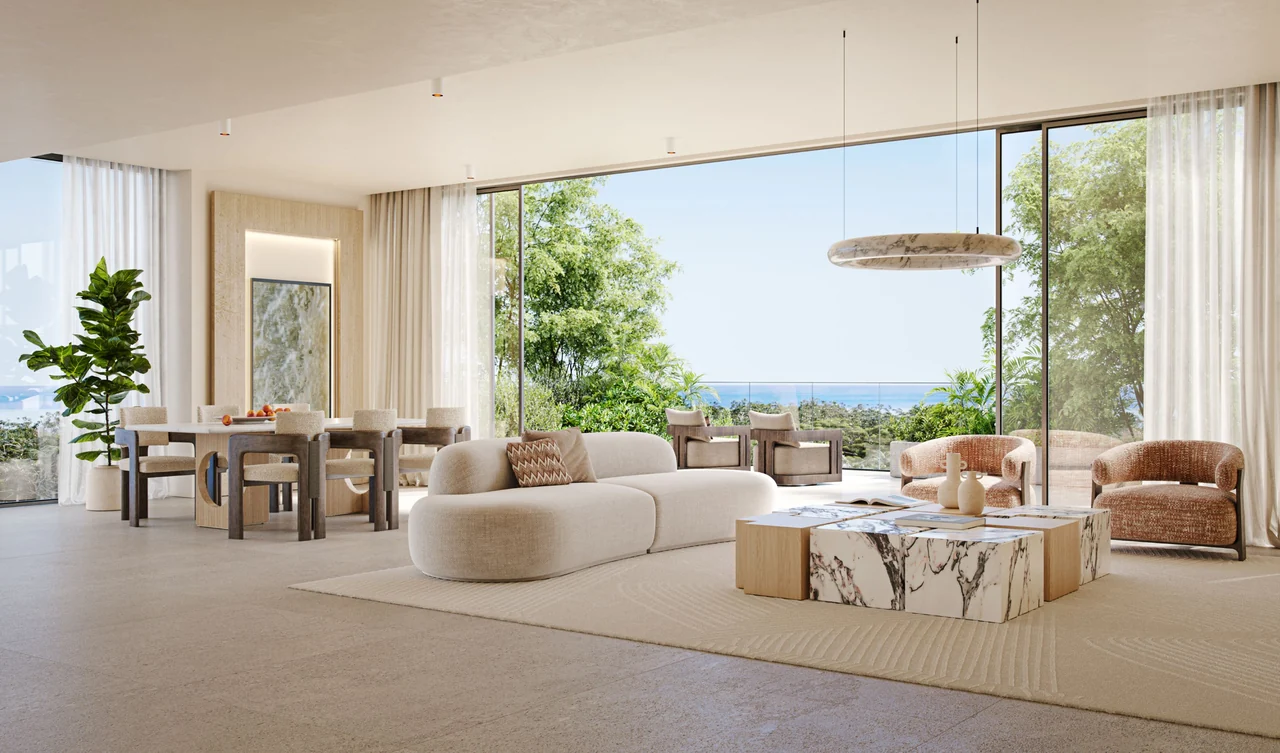 Talea by Beyond in Dubai Maritime City residence living room interior in neutral tones with lounge seating in Dubai - Presented by Tohid Fetrat