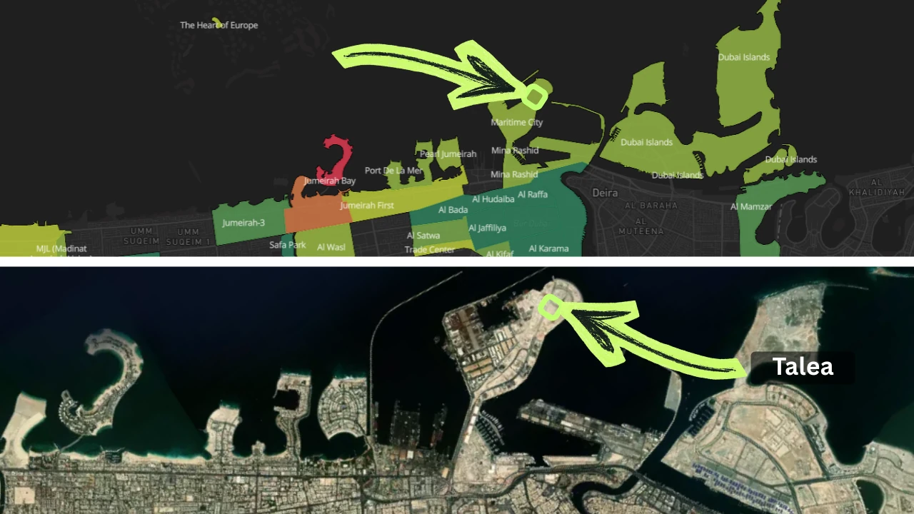 Talea by Beyond in Dubai Maritime City location within Dubai Maritime City showing the waterfront position and surrounding coastal district in Dubai - Presented by Tohid Fetrat