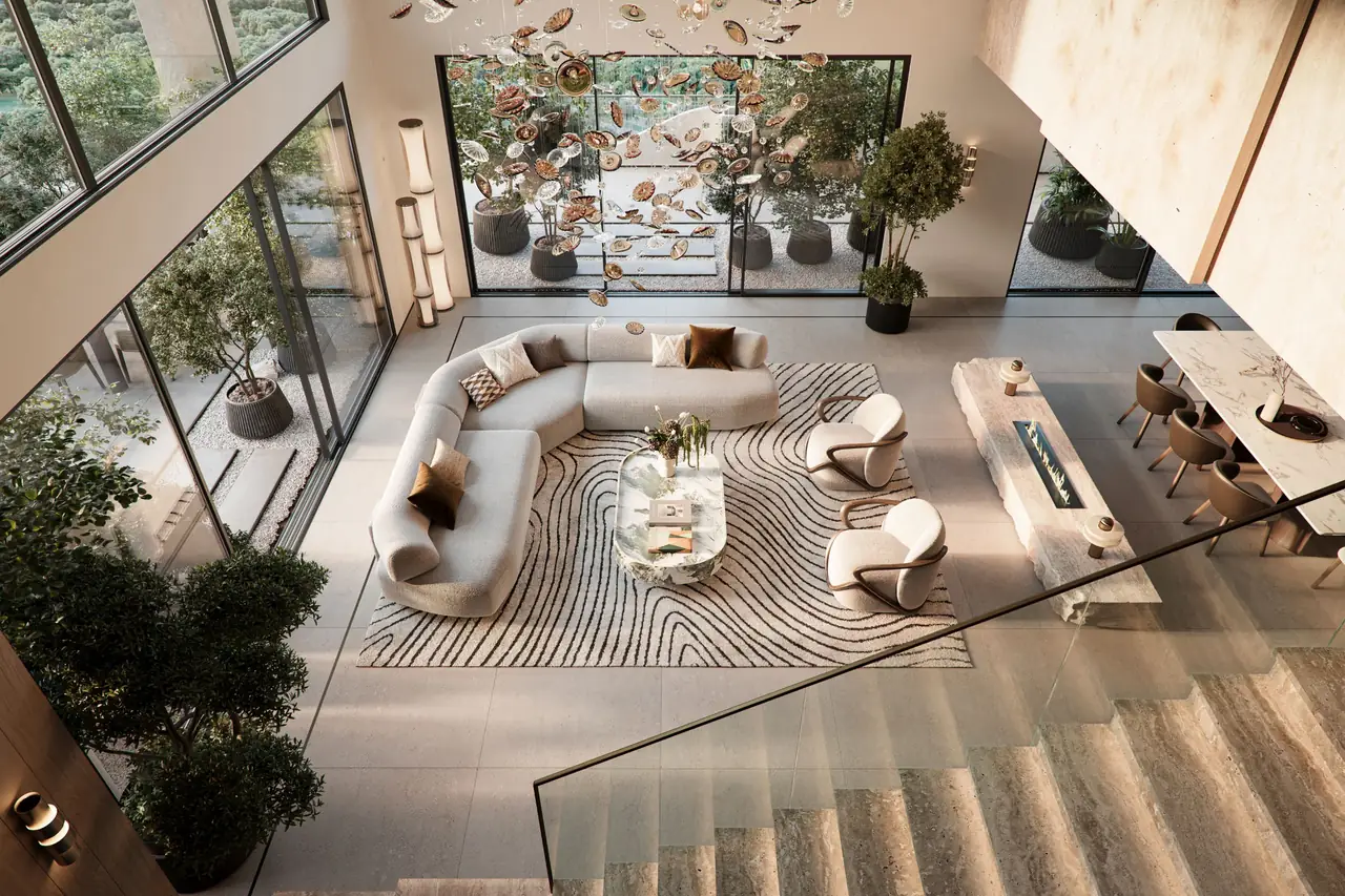 Talea by Beyond in Dubai Maritime City open plan living and dining interior with contemporary furnishings in Dubai - Presented by Tohid Fetrat