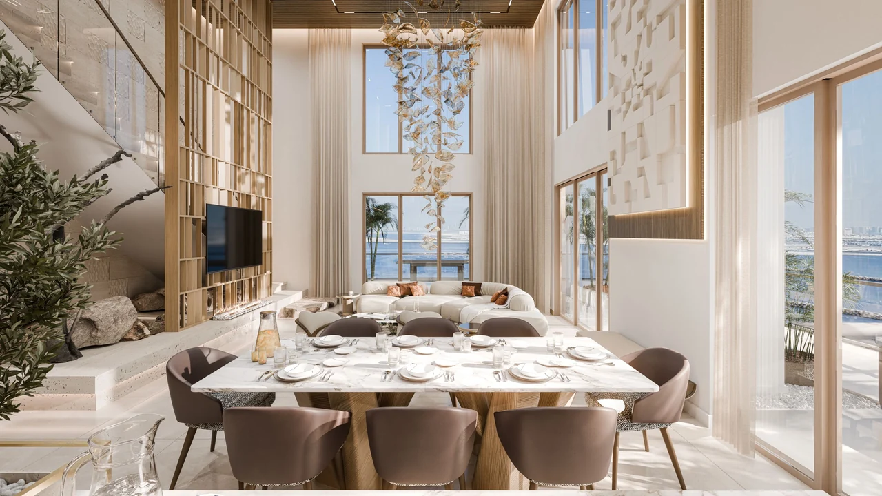 Talea by Beyond in Dubai Maritime City penthouse living room interior with floor to ceiling windows and panoramic sea view in Dubai - Presented by Tohid Fetrat