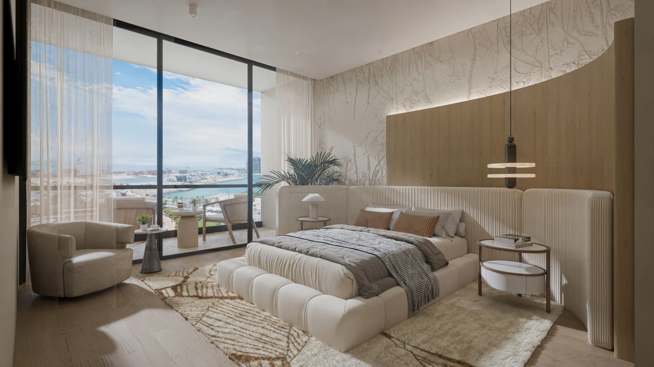 Talea by Beyond in Dubai Maritime City residence living room interior with floor to ceiling windows designer furniture and sea view in Dubai - Presented by Tohid Fetrat