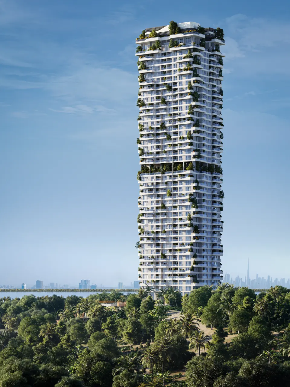 Talea by Beyond in Dubai Maritime City residential tower exterior against a clear daytime sky in Dubai - Presented by Tohid Fetrat