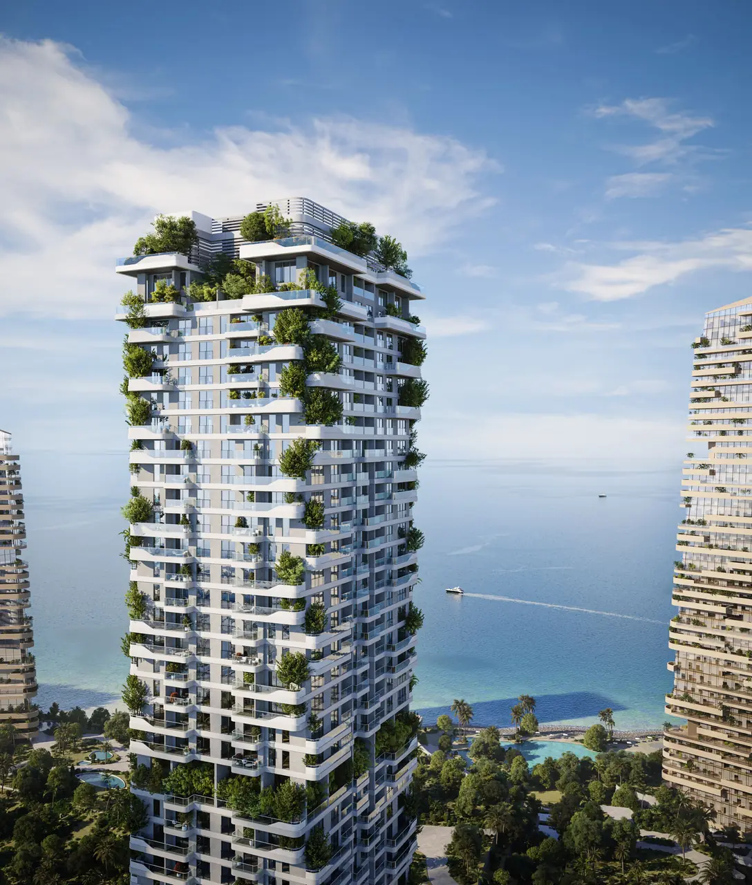Talea by Beyond in Dubai Maritime City residential tower exterior at dusk with balconies overlooking the sea in Dubai - Presented by Tohid Fetrat