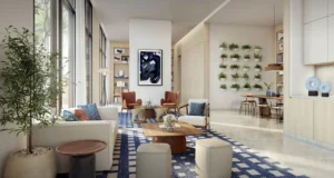 The Cove 2 at Dubai Creek Harbour by Emaar Properties contemporary living and dining interior with elegant furnishings and floor to ceiling windows in Dubai Presented by Tohid Fetrat