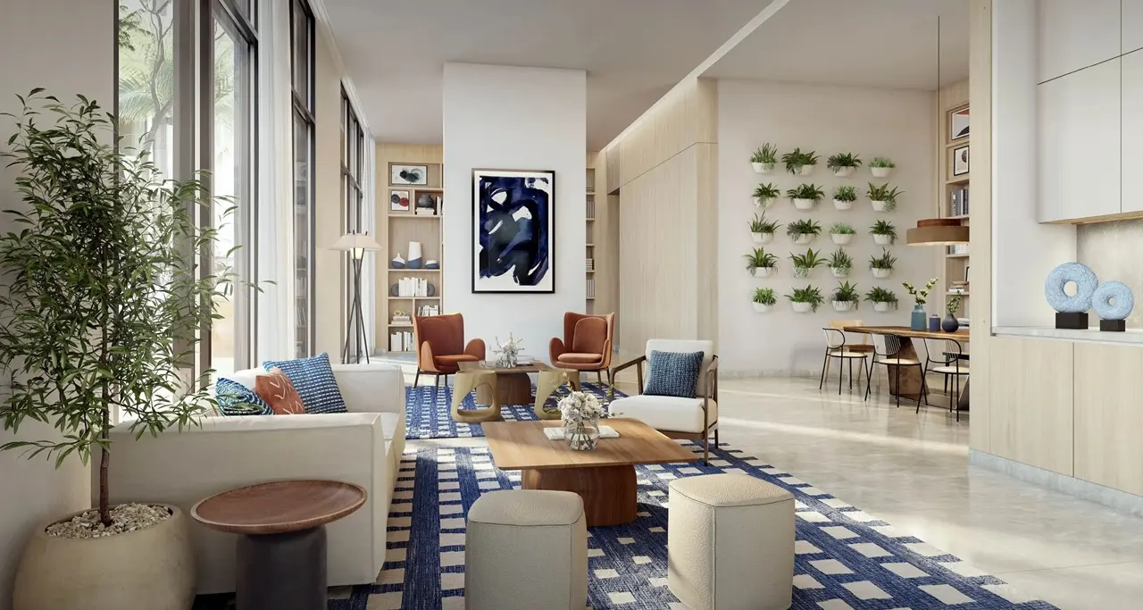 The Cove 2 at Dubai Creek Harbour by Emaar Properties contemporary living and dining interior with elegant furnishings and floor to ceiling windows in Dubai Presented by Tohid Fetrat