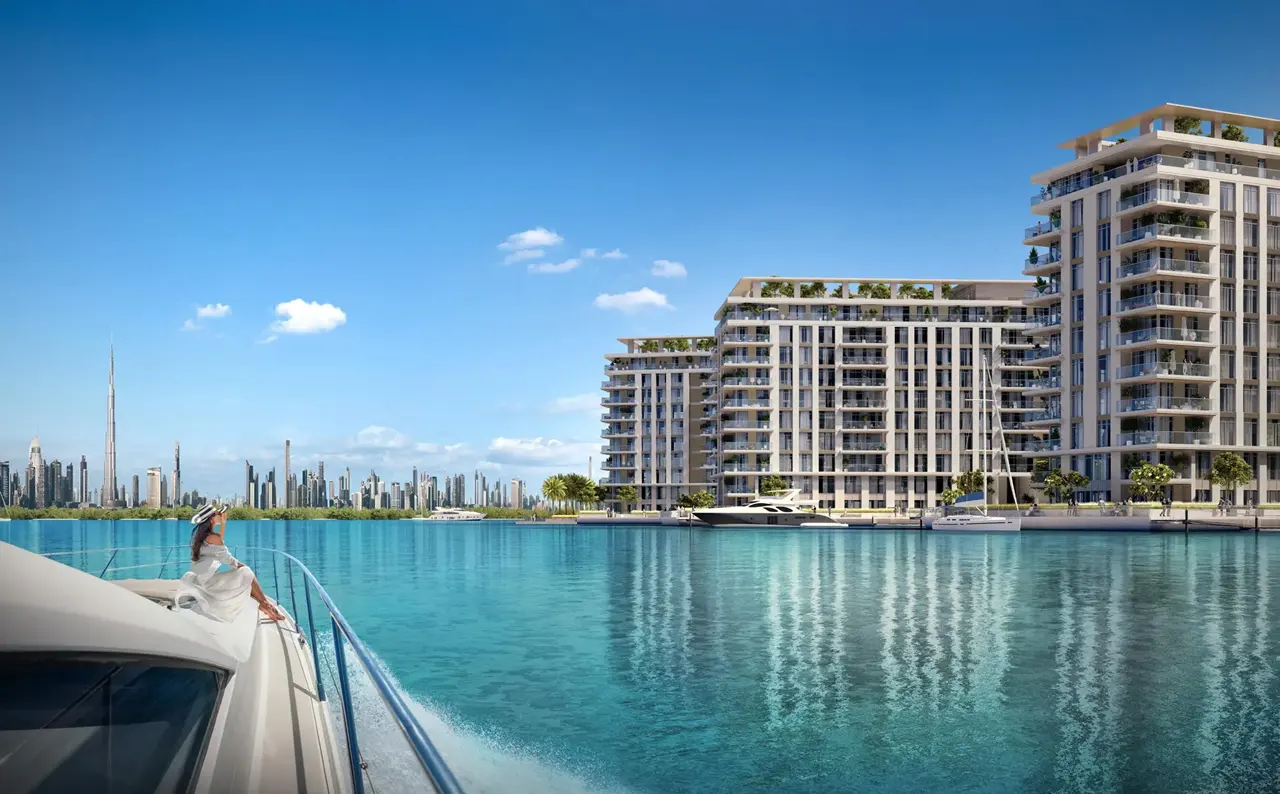 The Cove 2 at Dubai Creek Harbour by Emaar Properties waterfront apartment buildings overlooking the lagoon with the Dubai skyline in Dubai Presented by Tohid Fetrat