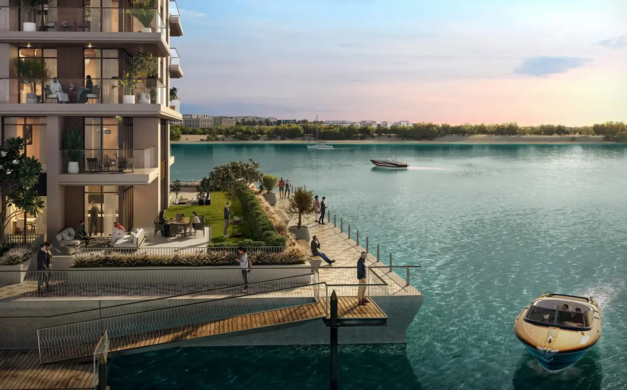 The Cove 2 at Dubai Creek Harbour by Emaar Properties waterfront promenade beside modern residential apartments overlooking the lagoon in Dubai Presented by Tohid Fetrat