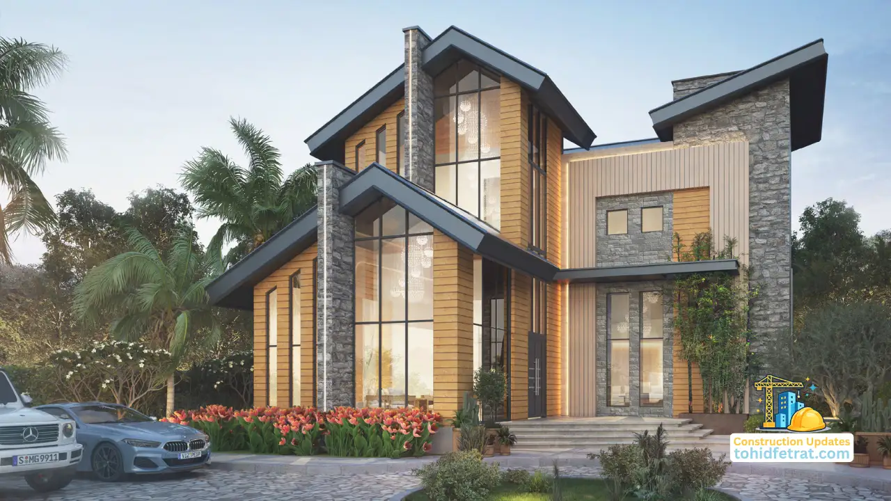 The Farmhouses at DAMAC Hills 2 by DAMAC construction update May 2026 featuring the contemporary luxury villa exterior with natural stone finishes and floor to ceiling glazing in Dubai Presented by Tohid Fetrat