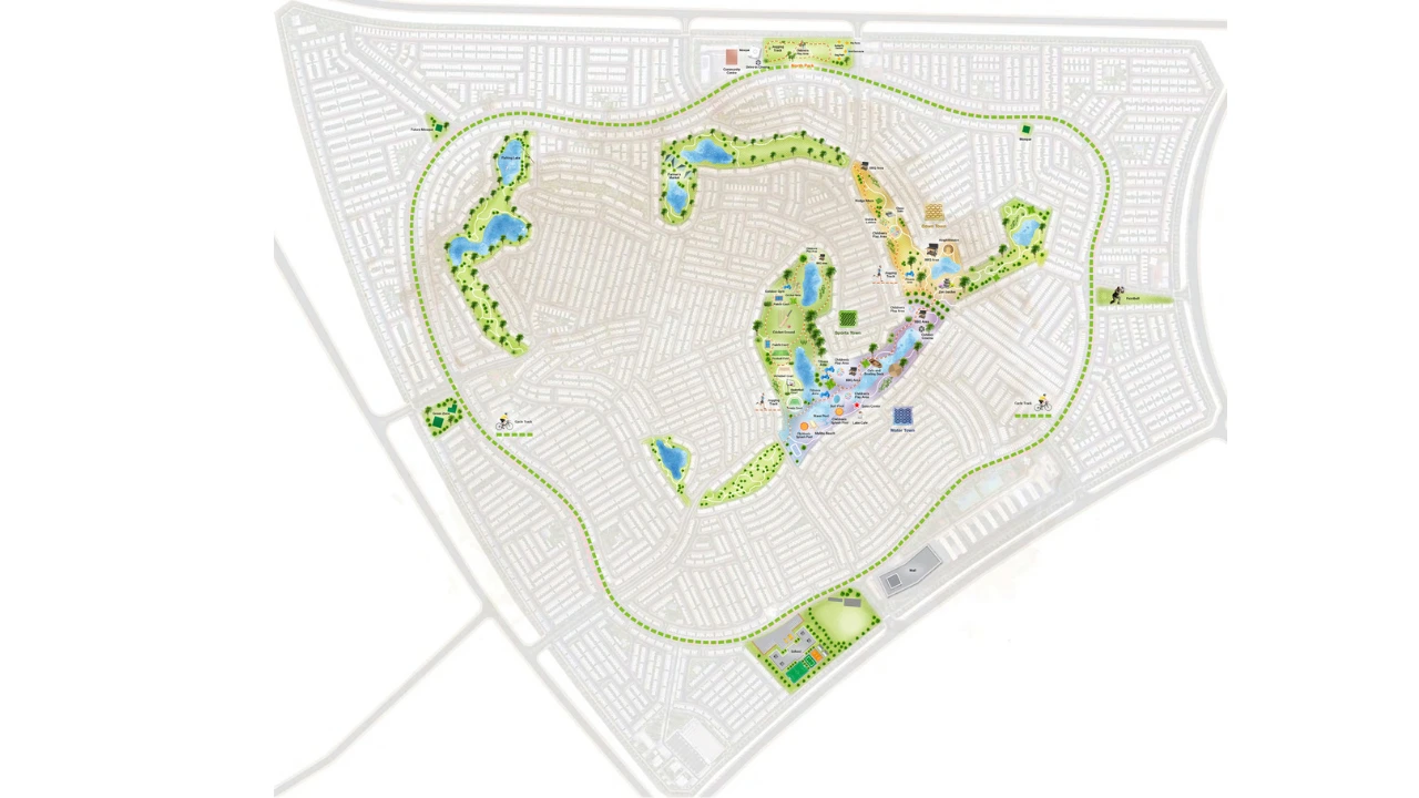The Farmhouses at DAMAC Hills 2 by DAMAC location within the community master plan highlighting parks, lagoons, lifestyle amenities, lakes and key destinations in Dubai Presented by Tohid Fetrat
