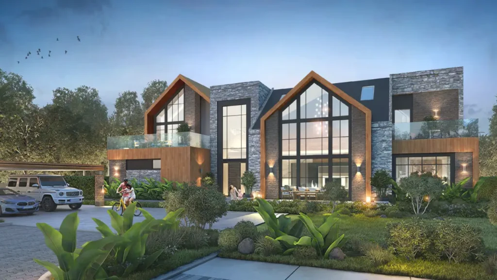 The Farmhouses at DAMAC Hills 2 by DAMAC contemporary luxury villa front elevation with expansive glazing, natural stone facade and landscaped gardens in Dubai Presented by Tohid Fetrat
