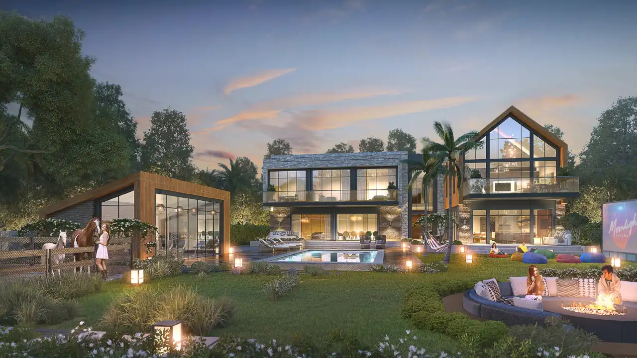 The Farmhouses at DAMAC Hills 2 by DAMAC luxury villa estate with a private swimming pool, horse paddock, outdoor cinema, fire pit lounge and landscaped garden at dusk in Dubai Presented by Tohid Fetrat