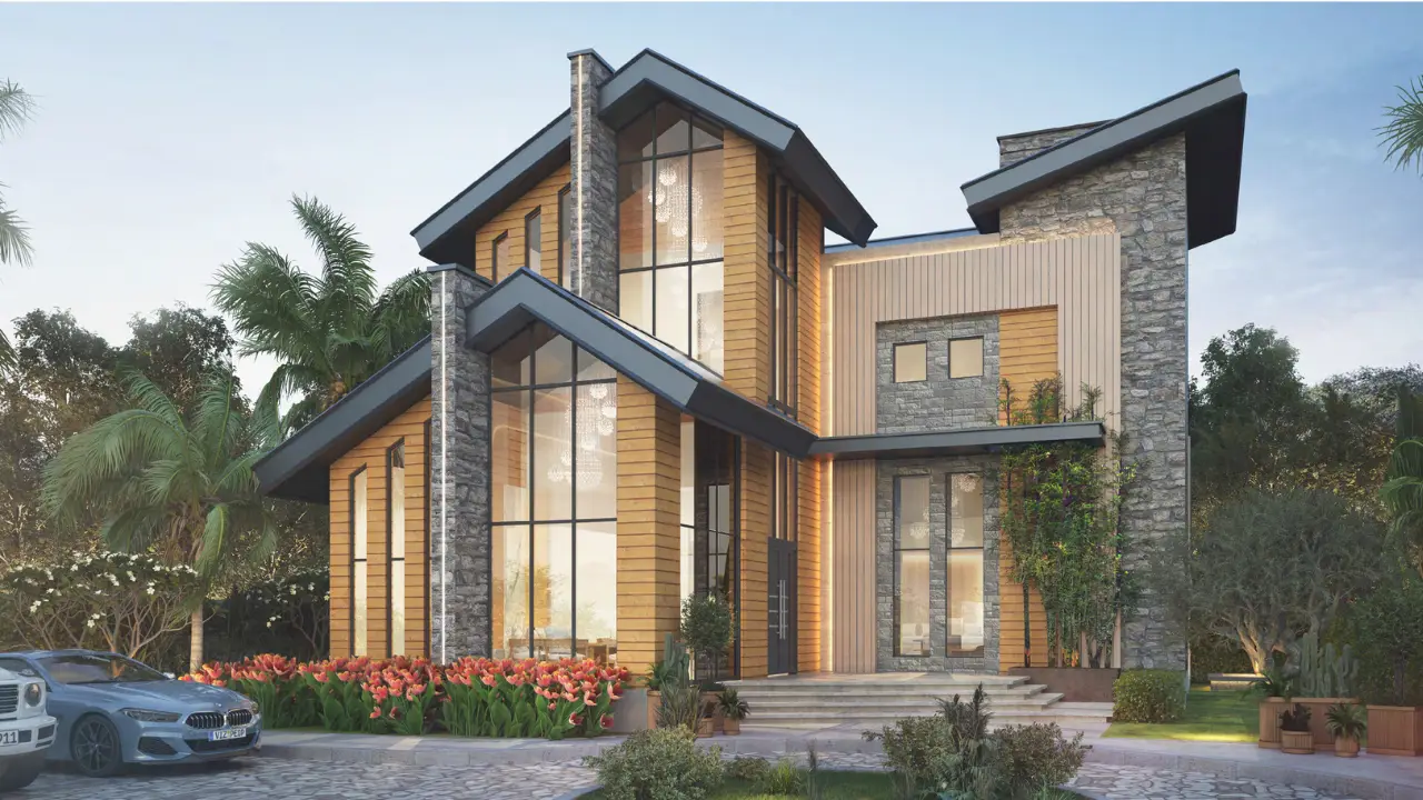 The Farmhouses at DAMAC Hills 2 by DAMAC contemporary luxury villa exterior with floor to ceiling glazing, natural stone finishes and landscaped entrance in Dubai Presented by Tohid Fetrat