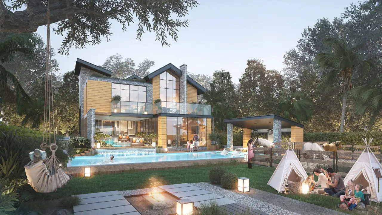 The Farmhouses at DAMAC Hills 2 by DAMAC luxury villa with a private swimming pool, horse paddock, garden fire pit, family teepee seating and landscaped outdoor space in Dubai Presented by Tohid Fetrat