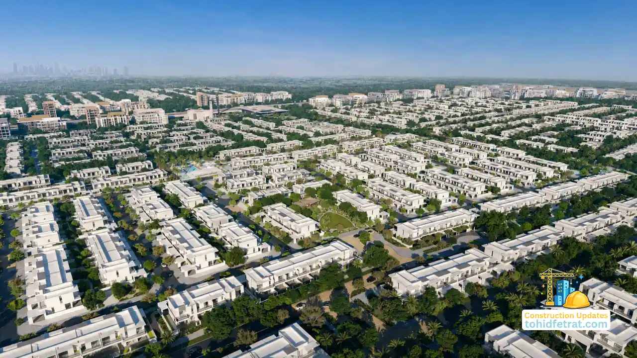 Aerial view of The Valley by Emaar master community showing residential neighborhoods, landscaped streets, and ongoing development for The Valley Construction Updates page. Presented by Tohid Fetrat