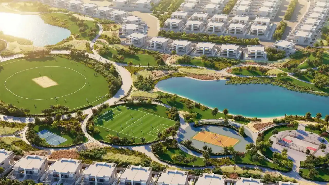 Violet at DAMAC Hills 2 by DAMAC Properties community sports park with lakes landscaped green spaces and recreational facilities in Dubai Presented by Tohid Fetrat
