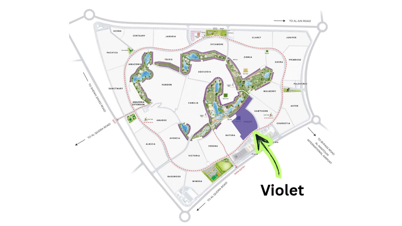 Violet at DAMAC Hills 2 by DAMAC Properties location within the DAMAC Hills 2 master community in Dubai Presented by Tohid Fetrat