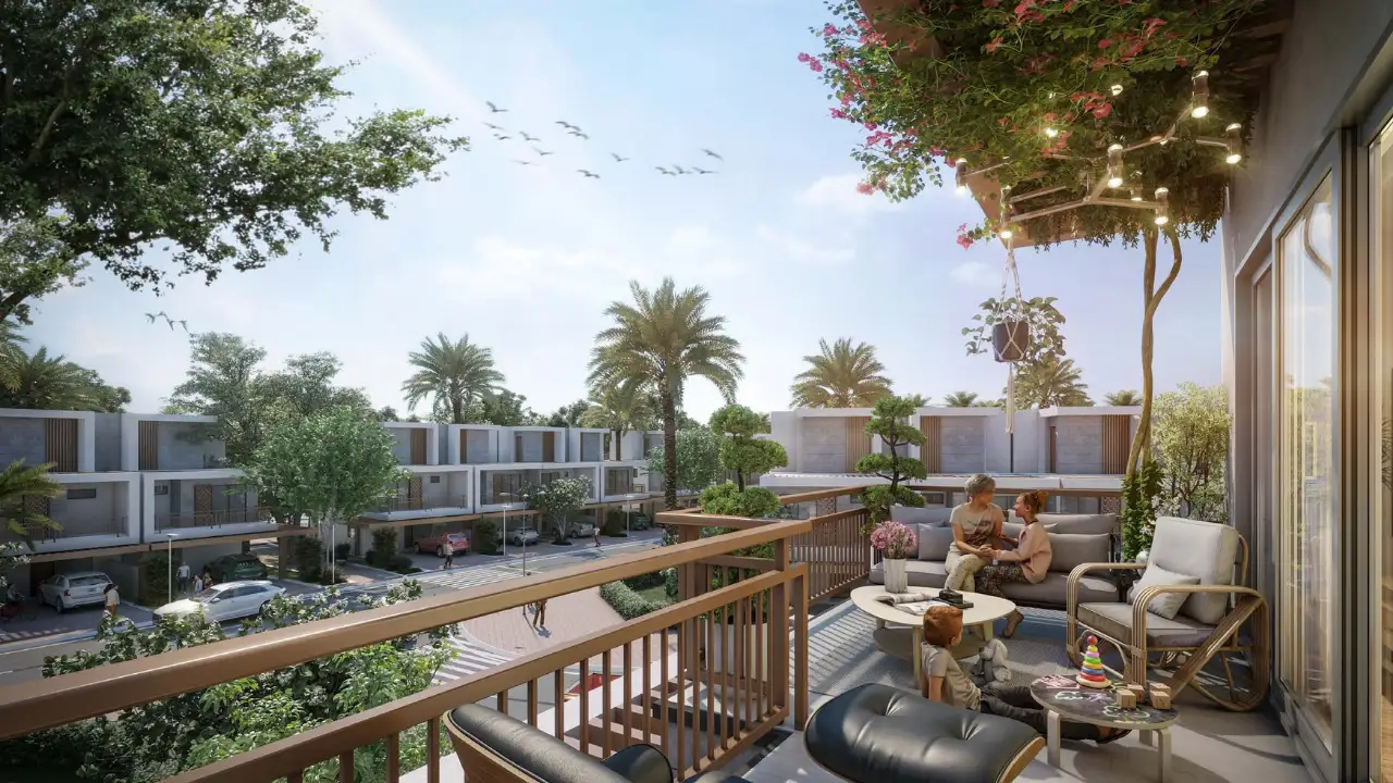 Violet at DAMAC Hills 2 by DAMAC Properties townhouse balcony overlooking landscaped streets and lush community surroundings in Dubai Presented by Tohid Fetrat