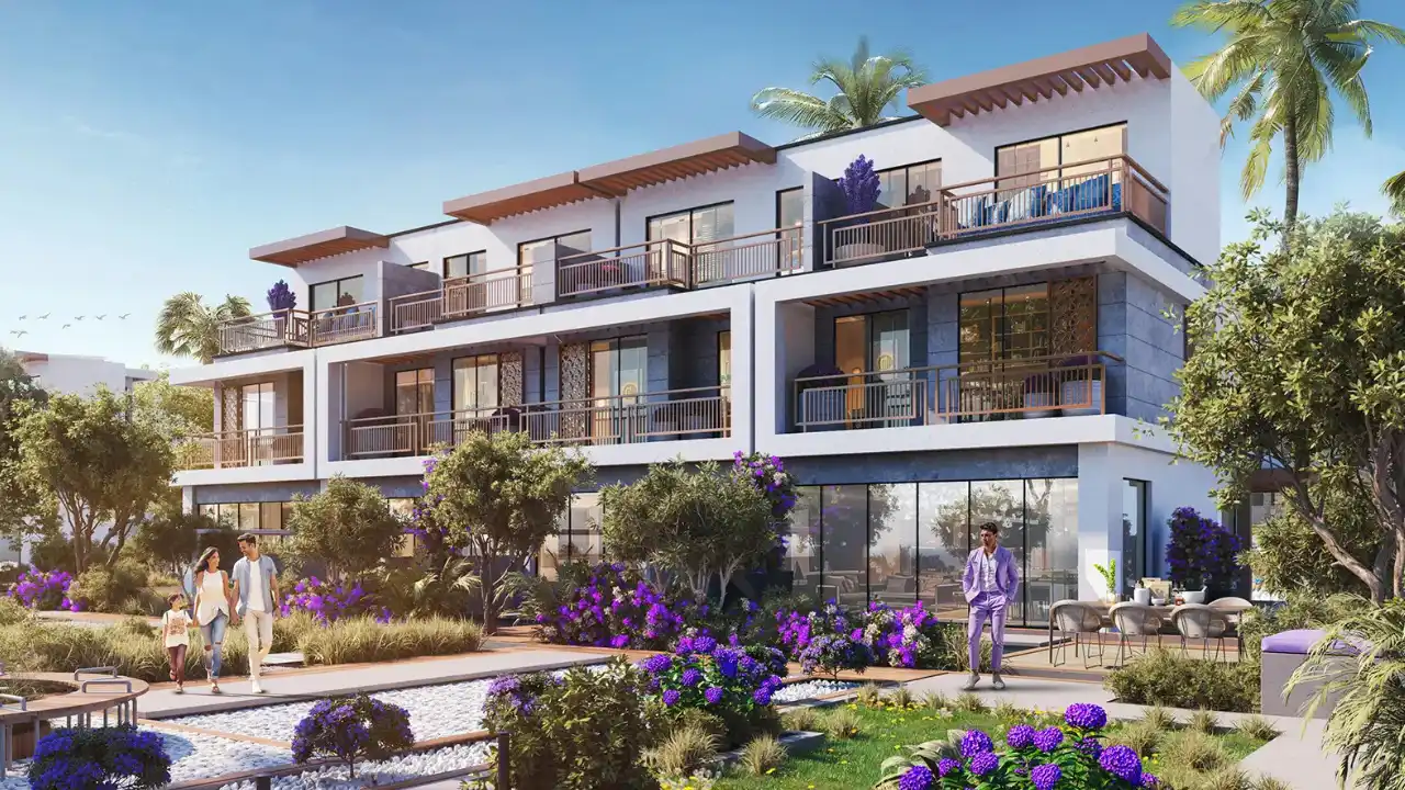 Violet at DAMAC Hills 2 by DAMAC Properties contemporary townhouse community with landscaped gardens and outdoor living spaces in Dubai Presented by Tohid Fetrat