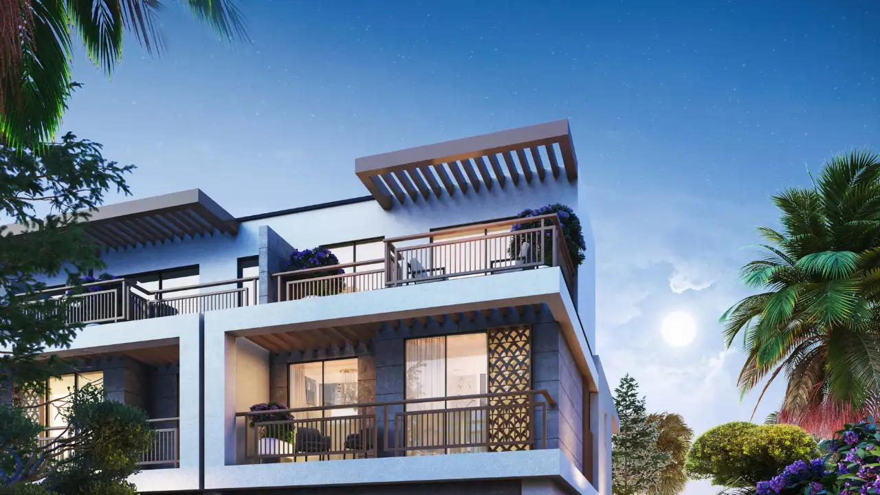 Violet at DAMAC Hills 2 by DAMAC Properties contemporary townhouse exterior with spacious balconies and elegant architectural details in Dubai Presented by Tohid Fetrat