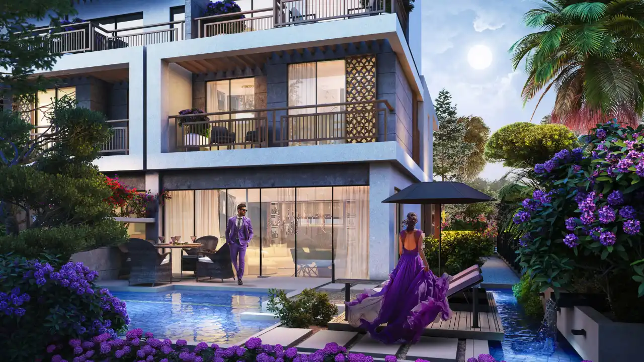 Violet at DAMAC Hills 2 by DAMAC Properties contemporary townhouse with private swimming pool landscaped garden and outdoor terrace in Dubai Presented by Tohid Fetrat