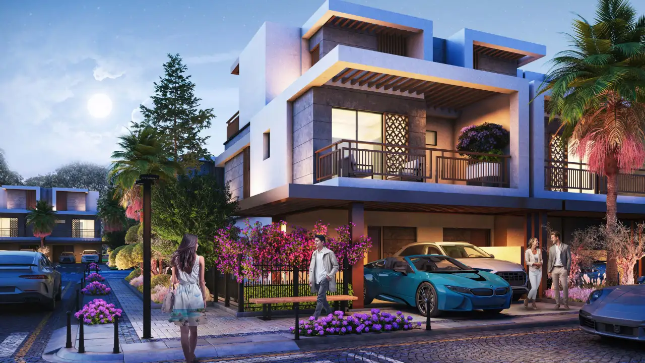 Violet at DAMAC Hills 2 by DAMAC Properties contemporary townhouse exterior with landscaped streets and covered parking in Dubai Presented by Tohid Fetrat