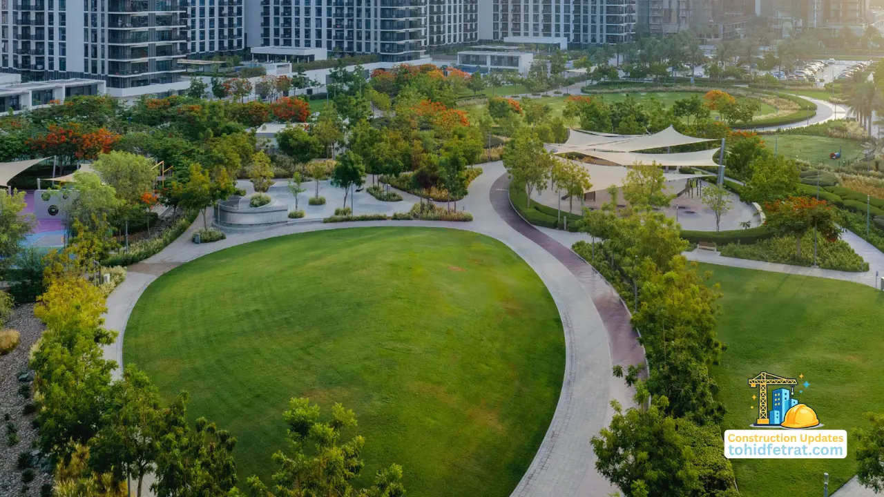 Why Dubai Hills Estate Construction Updates Matter for Dubai Property Investors featuring landscaped parks, walking trails, modern residential buildings, and community green spaces. Presented by Tohid Fetrat